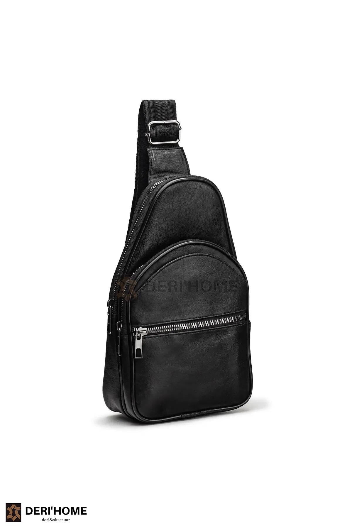 Black Leather Crossbody Chest Bag, Leather Cross Body Sling 