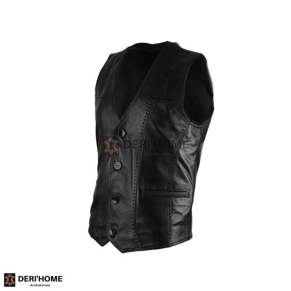 Men's Leather Vest - 100% Lamb Leather Vest, Black Leather Vest, Soft Sheepskin Vest, Genuine Leather Vest