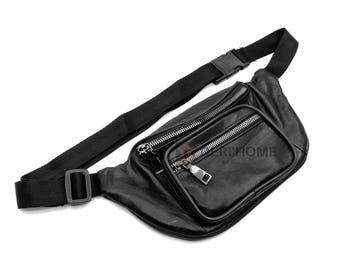 Handmade Leather Fanny Pack with Adjustable Strap, Black Bum Bag