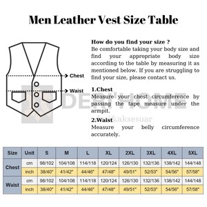 May include: A size chart for leather vests, showing measurements in inches and centimetres for chest and waist sizes. The chart includes sizes from S to 5XL.