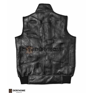 May include: Black leather vest with a quilted design and a stand-up collar. The vest has a ribbed knit bottom band.