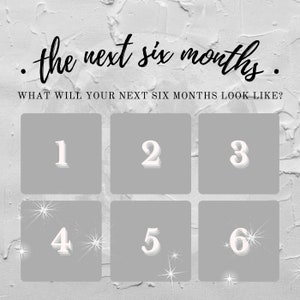 May include: A grey background with the text "the next six months" in black cursive writing. Below the text is the question "WHAT WILL YOUR NEXT SIX MONTHS LOOK LIKE?" in black text. There are six grey squares with white numbers 1 through 6 in each square.