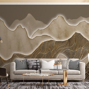 3D Look Relief Mountains Gold Details Wallpaper, Living Room Mountain Wall  Art, Chinoiserie Wall Mural 