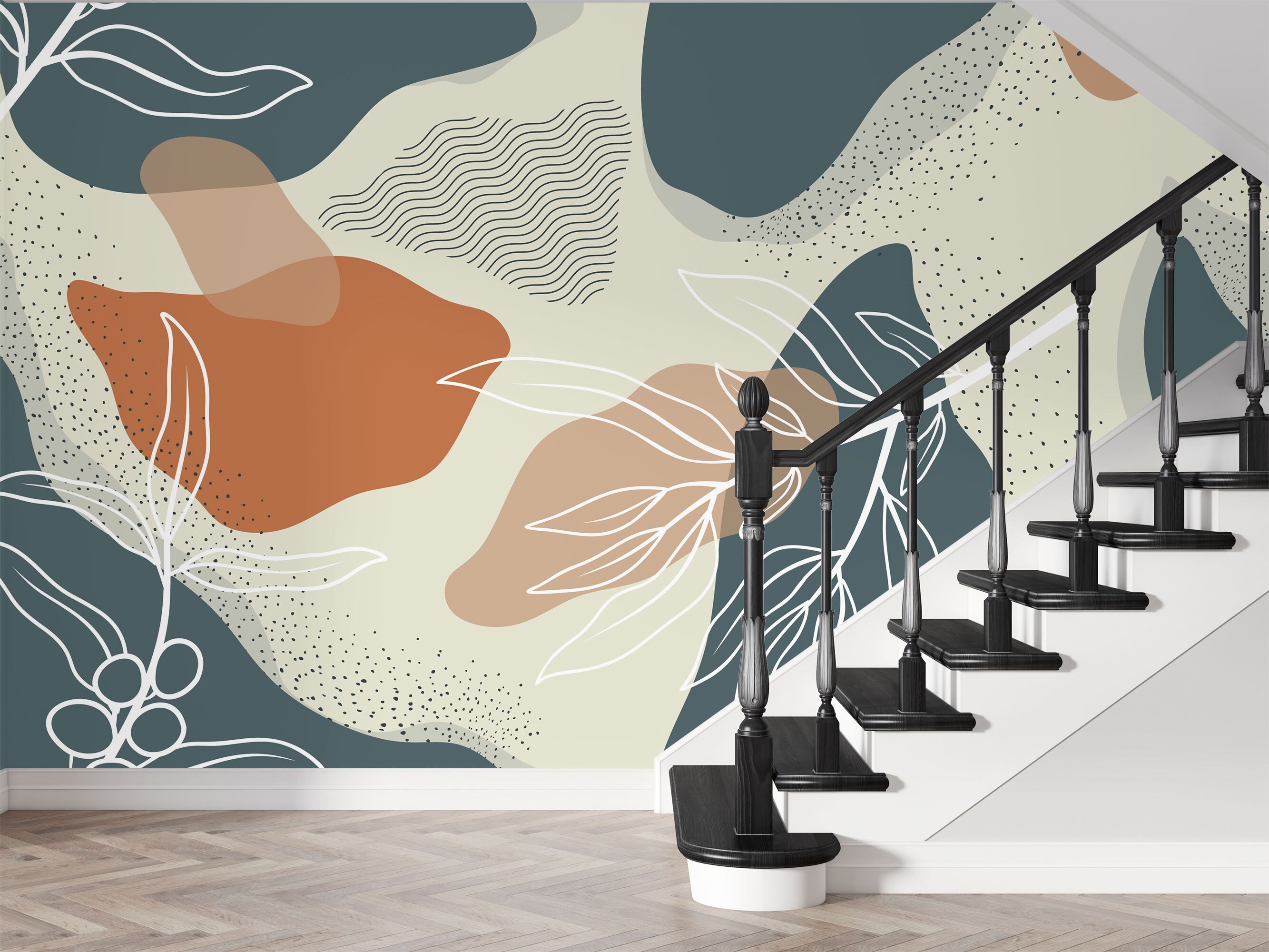 Scandinavian Style Leaves Living Room Wallpaper Blue and - Etsy