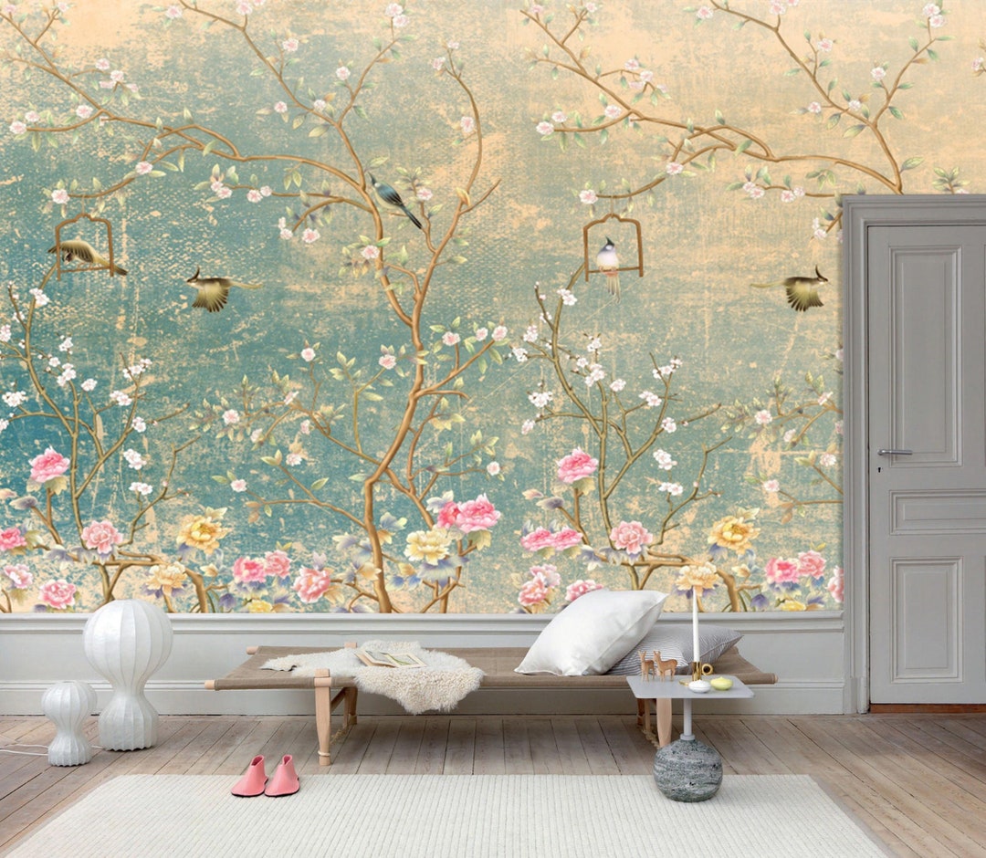 Botanical Chinoiserie Wallpaper Mint Wall Mural With Flowers Etsy