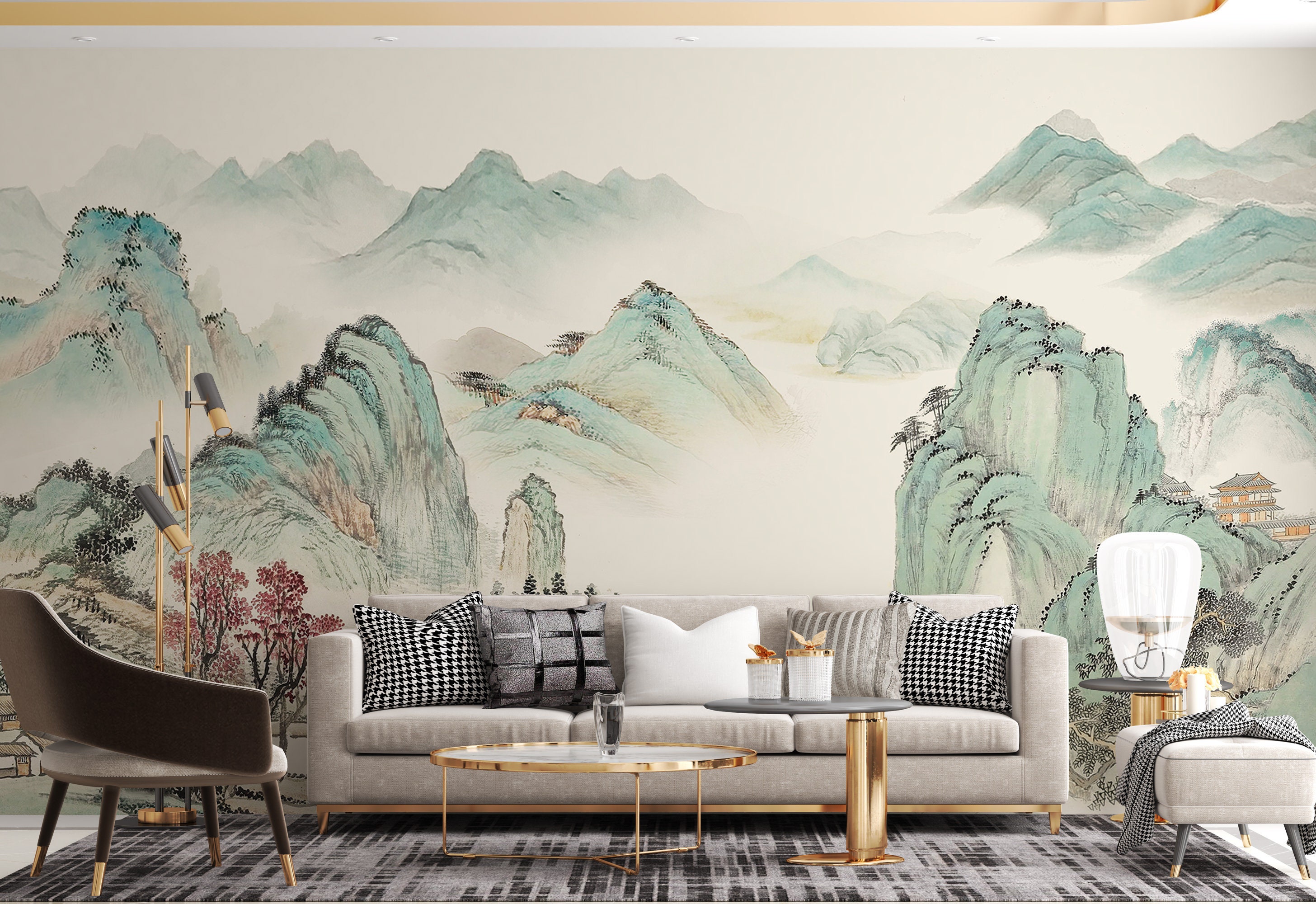 Chinoiserie Sunrise Painting Wallpaper Chinese Landscape Wall 