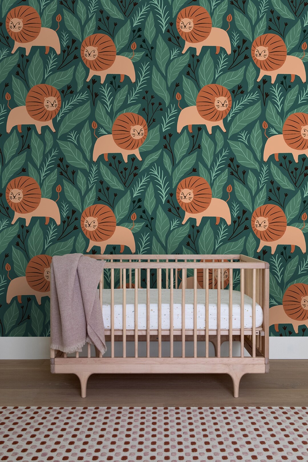 Cute Lion Wallpaper for Nursery, Animal Wall Mural, Tropical Nursery