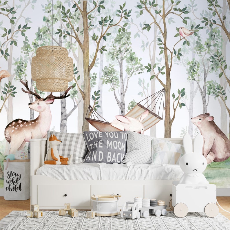 Woodlands Nursery Wallpaper With Pastel Color Tree Kids Room Etsy