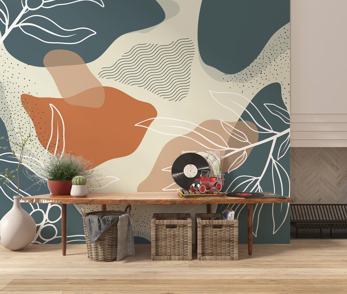 Scandinavian Style Leaves Living Room Wallpaper Blue and - Etsy