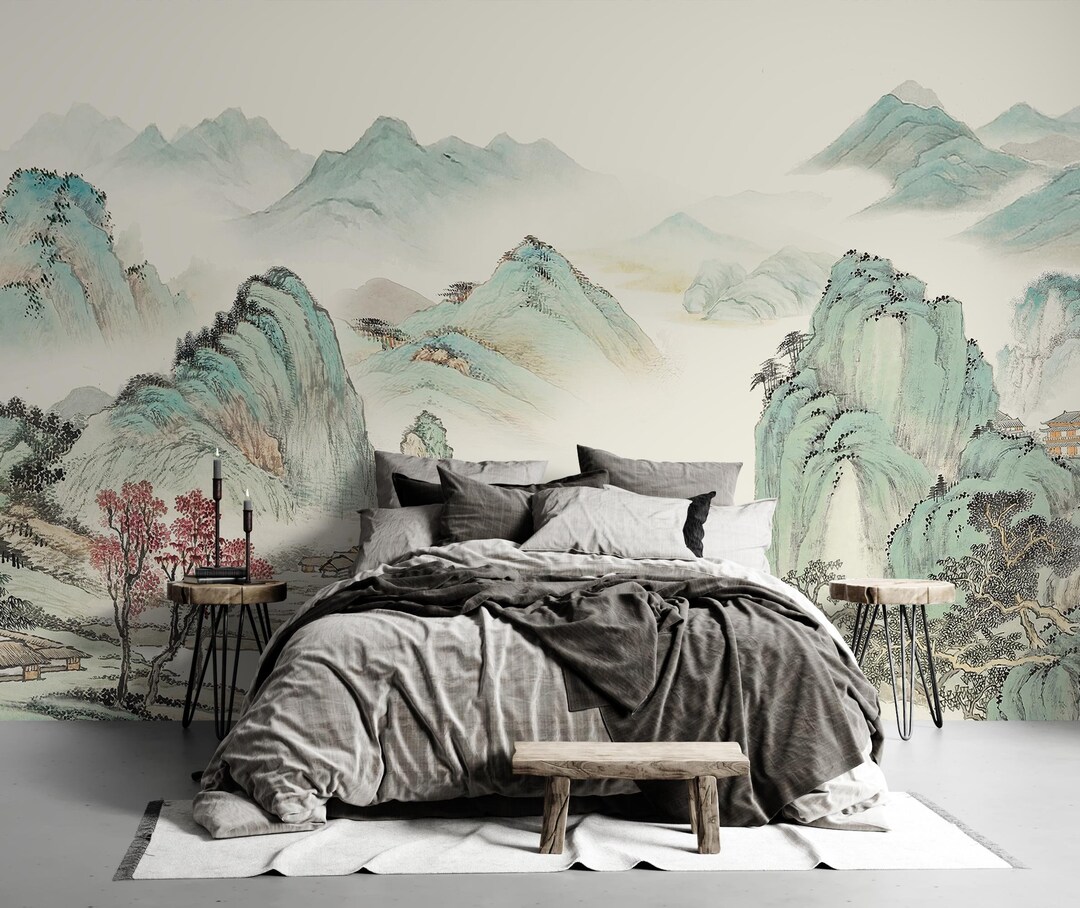 Landschaft Duschvorhang – Frühling, Rosa Blumen & Pavillon Am See | 178 X 178 Cm, Mit 12 Haken | 100% Polyester