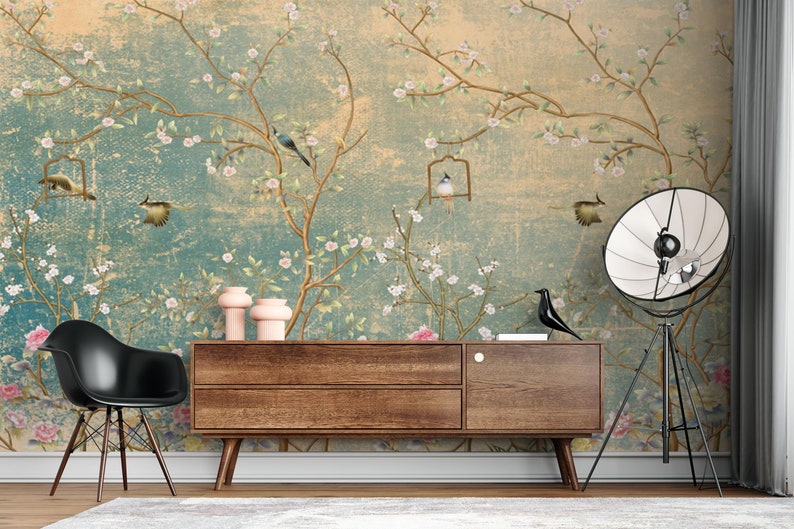 Botanical Chinoiserie Wallpaper Mint Wall Mural With Flowers Etsy