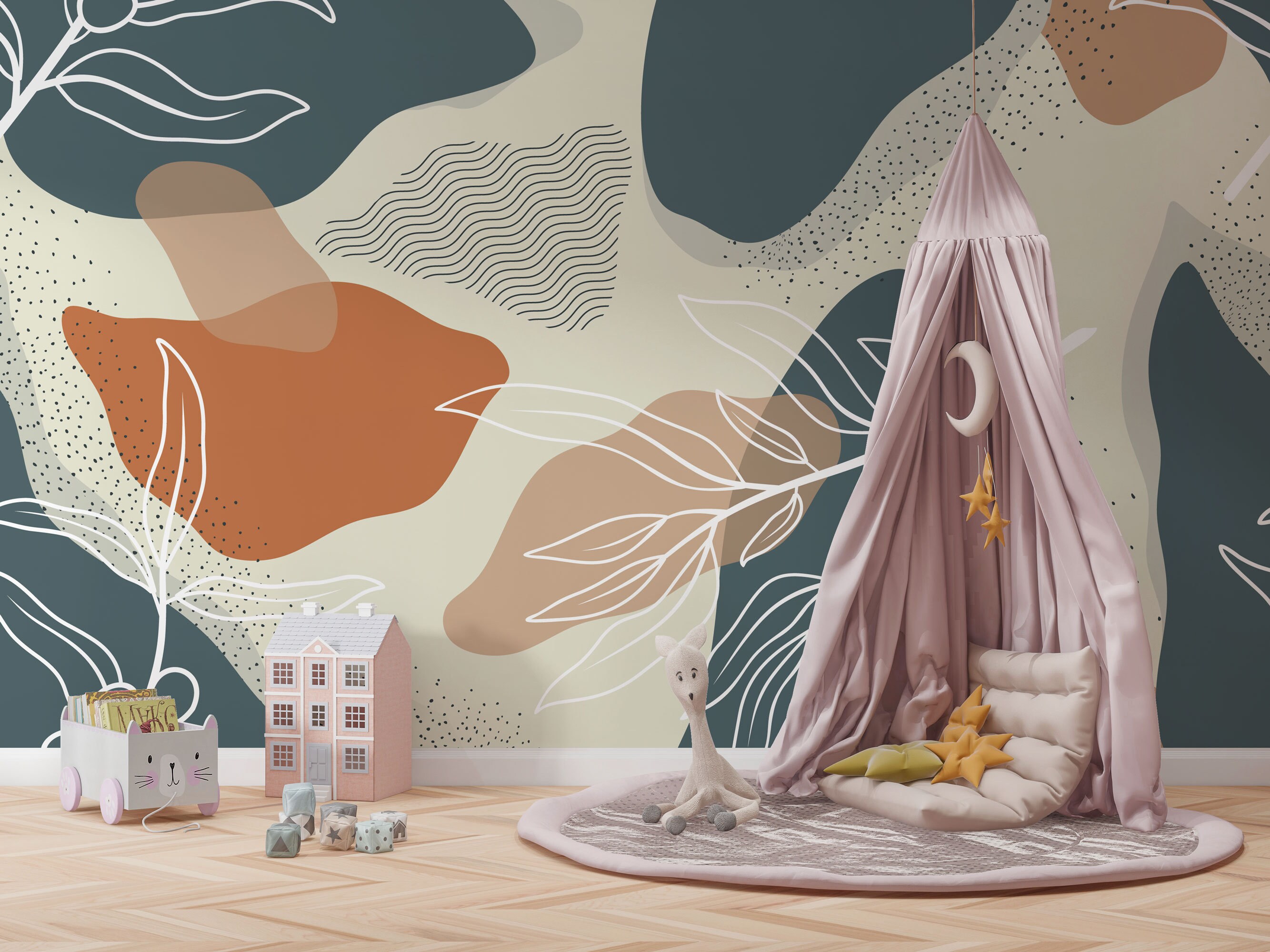 Scandinavian Style Leaves Living Room Wallpaper Blue and - Etsy