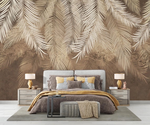 Papel tapiz para sala de estar con hojas tropicales marrones, Mural de pared  de plumas colgantes de colores cálidos naturales, decoración de pared de  hoja moderna fácil de quitar -  España