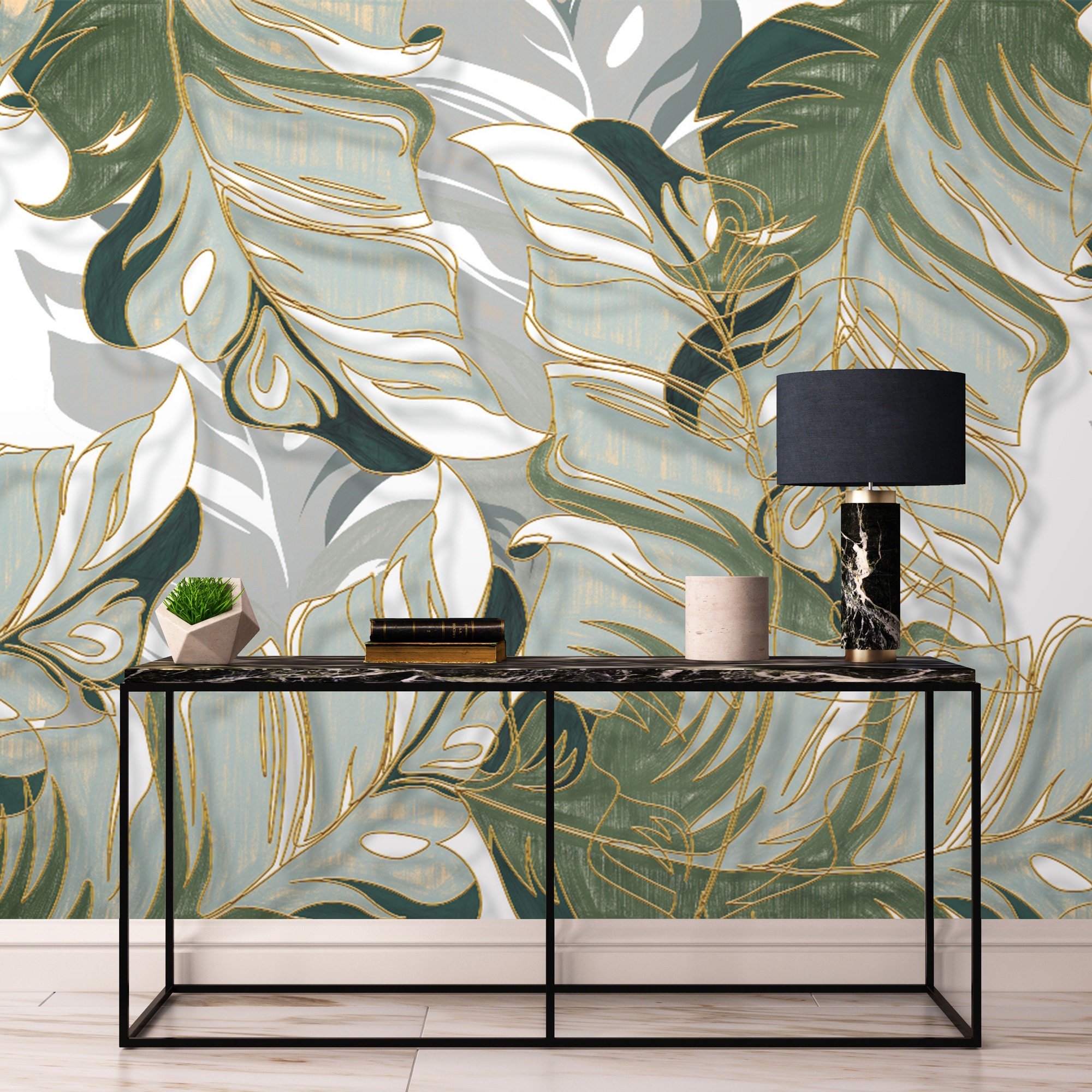 Green Tropical Leaves With Gold Details Bedroom Wallpaper - Etsy Green Tropical Leaves With Gold Details Bedroom Wallpaper - Etsy