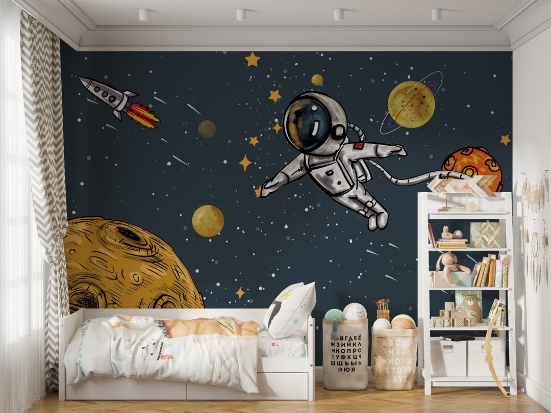 Astronaut on Space Nursery Wallpaper, and Stars Kids Room Wall