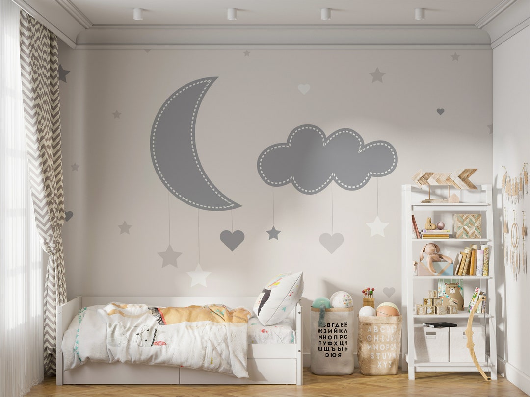 Gray Moon and Cloud Nursery Wallpaper Hearth and Star Shapes Etsy