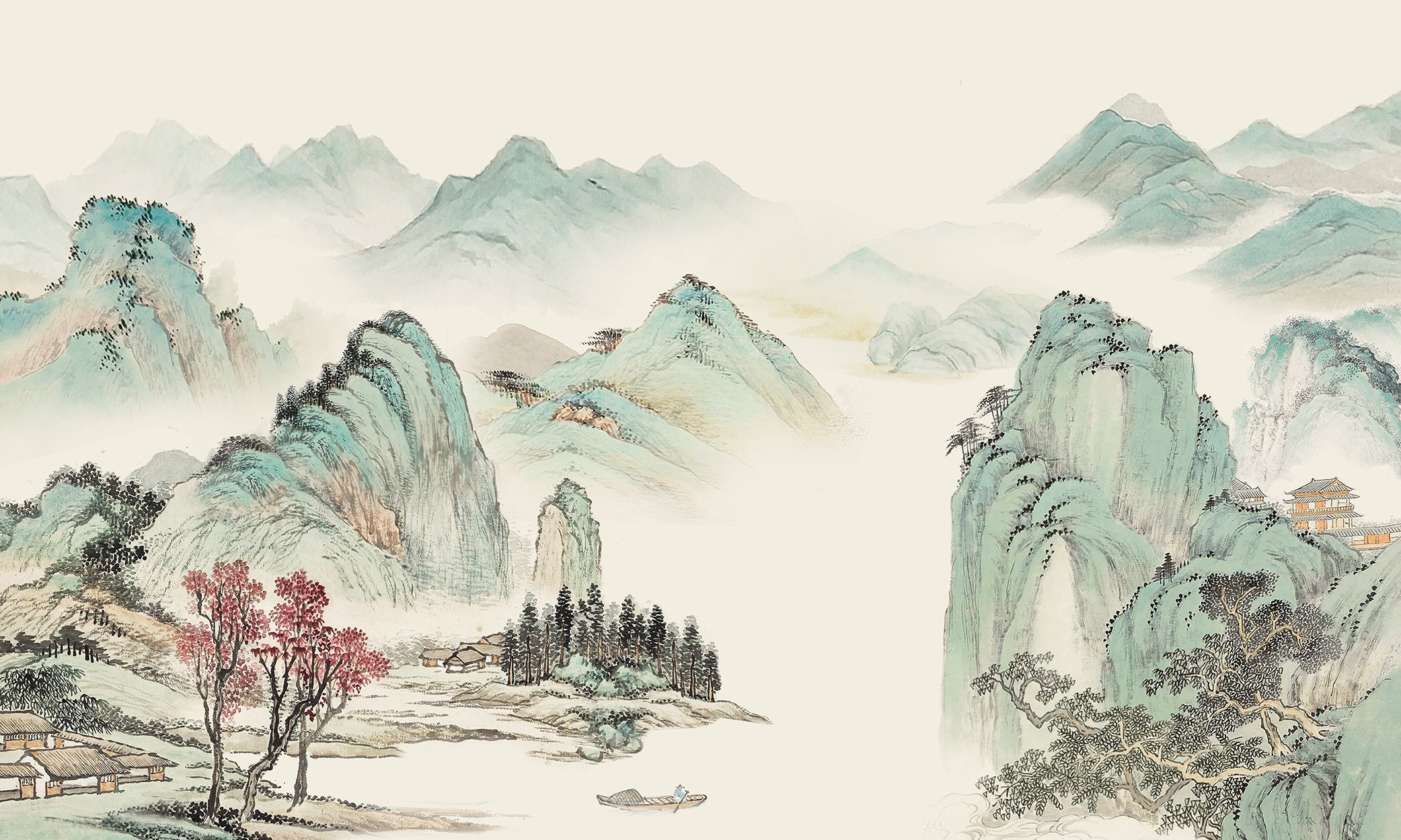 Chinoiserie Mint Foggy Mountains Wallpaper Chinese Landscape 