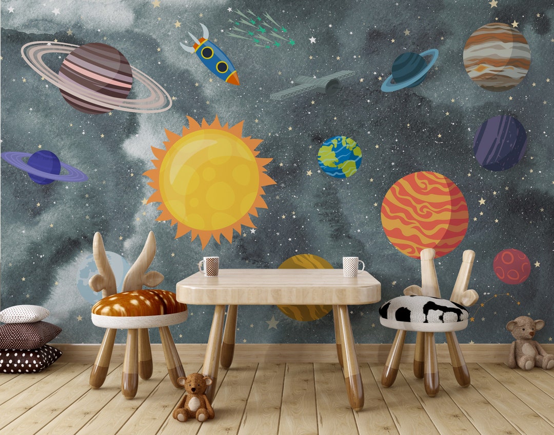 Space Sun and Planets Kids Room Wallpaper Educational Galaxy - Etsy