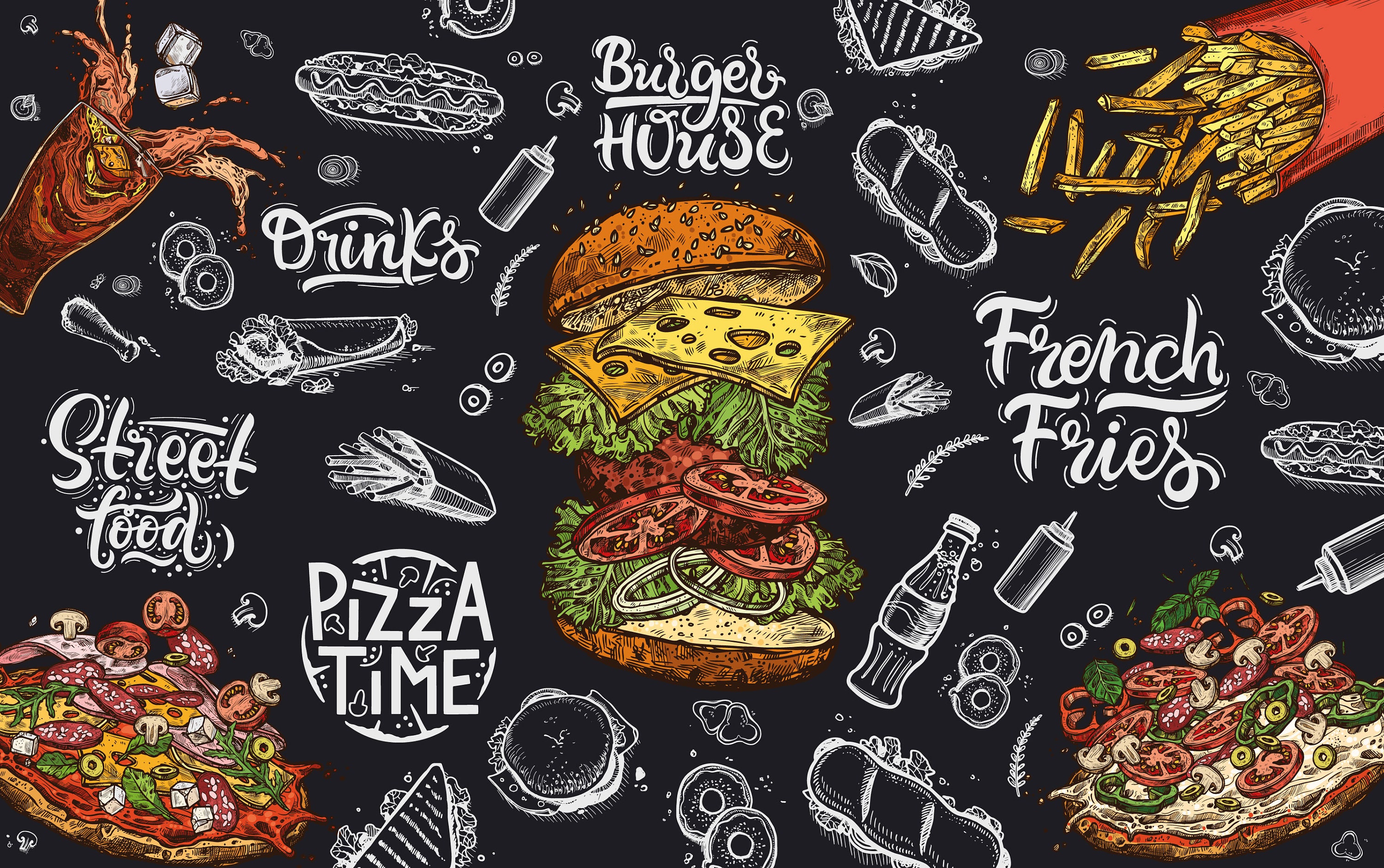 Blackboard Style Fast Food Restaurant Wallpaper, Burger Bistro Wall