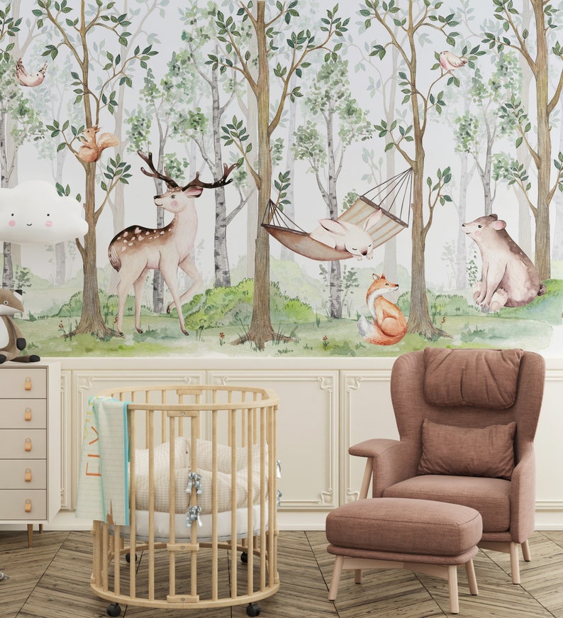 Woodlands Nursery Wallpaper With Pastel Color Tree Kids Room Etsy