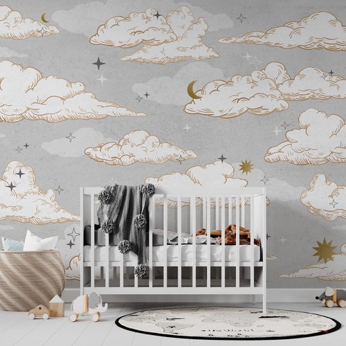 Gray Sky With Gold Detailed Cloud Nursery Wallpaper Sun Etsy