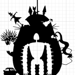 May include: Black silhouette art featuring characters from Studio Ghibli films. The design includes Totoro, a cat bus, and other iconic figures. The words "Studio Ghibli" are at the bottom.