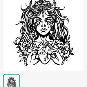 May include: Black and white illustration of a woman with a crown and horns, holding a heart. The woman has long, wavy hair and is surrounded by roses. The image has a gothic or fantasy theme.