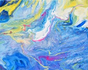 May include: Abstract acrylic painting on canvas with a fluid, swirling design. The artwork features a blend of blues, yellows, pinks, and white, creating a dynamic and colorful composition. The paint appears to have been poured and swirled, resulting in a marbled effect.