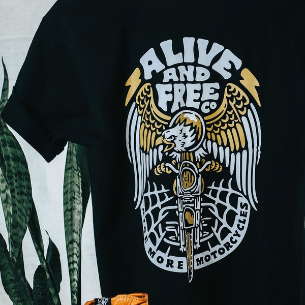 Old Time Hawkey - Alive & Free Motorcycle Co - T Shirt Harley Biker Shirt | Racer T Shirt | Motorcycle Shirt | Outdoor T Shirt