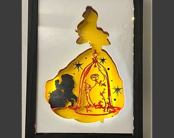 美女と野獣の切り絵（シャドーボックス入り、額入り） - 手切り