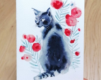Watercolor black cat card