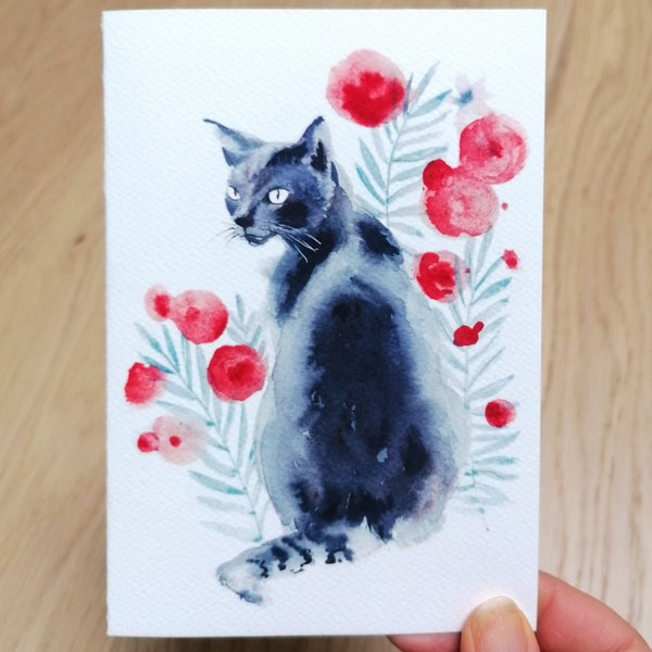 Carte chat noir à l'aquarelle