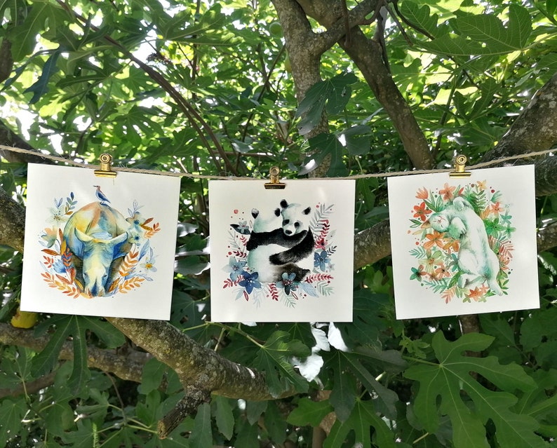 May include: Three watercolor paintings on white paper, each featuring a different animal. The first painting shows a blue and white rhinoceros with a bird perched on its head, surrounded by green and orange flowers. The second painting shows a black and white panda bear hugging a smaller panda bear, surrounded by blue and red flowers. The third painting shows a white dog curled up in a ball, surrounded by orange and yellow flowers.
