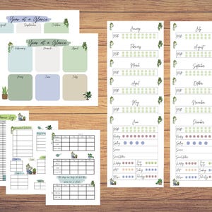 May include: A collection of printable planner pages featuring Year at a Glance calendars, attendance logs, and subject trackers. The documents are decorated with illustrations of potted plants and vines, using a soft color palette of green, blue, and tan.