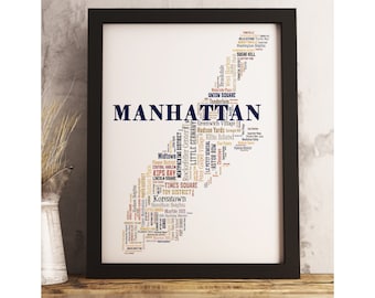 Manhattan neighborhood art print FRAMED, Manhattan map art, Manhattan art print, Manhattan word cloud, available in several colors and sizes