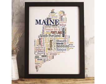 Maine State Map Print FRAMED, Maine Map Art, Maine Art Print, Maine word cloud art, available in several colors and sizes