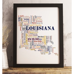 Louisiana State Map Print FRAMED, Louisiana Map Art, Louisiana Art Print, Louisiana word cloud art, available in several colors and sizes