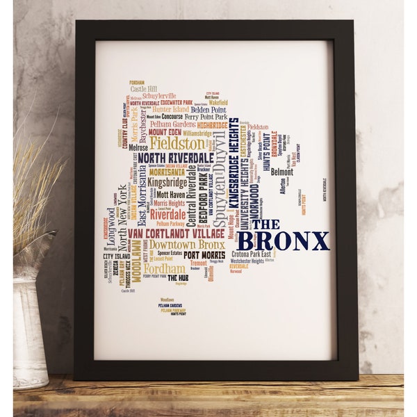 Framed Bronx neighborhood art print, Bronx map art, Bronx art print, Bronx word cloud art, available in several colors and sizes