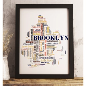 Framed Brooklyn neighborhood art print, Brooklyn map art, Brooklyn art print, Brooklyn word cloud art, available in several colors and sizes