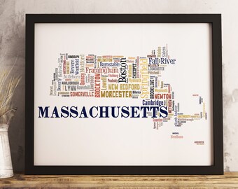 Massachusetts State Map Print FRAMED, Massachusetts Map Art, Massachusetts word cloud art, available in several colors and sizes