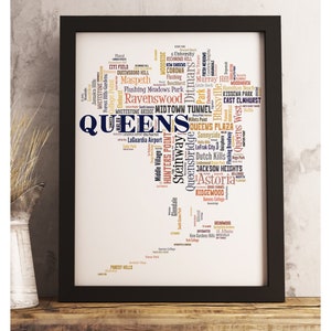 Queens neighborhood art print FRAMED, Queens map art, Queens art print, Queens word cloud art, available in several colors and sizes