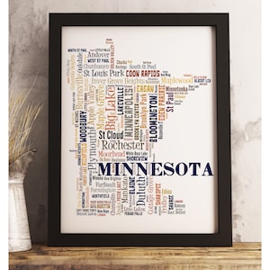 Minnesota State Map Print FRAMED, Minnesota Map Art, Minnesota Art Print, Minnesota word cloud art, available in several colors and sizes