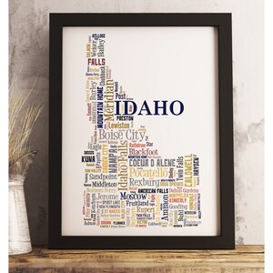 Idaho State Map Print FRAMED, Idaho Map Art, Idaho Art Print, Idaho word cloud art, available in several colors and sizes