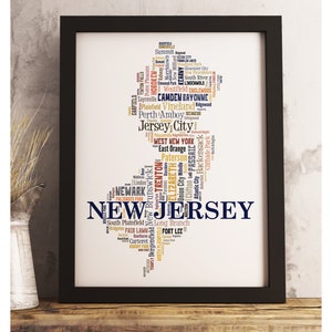 New Jersey State Map Print FRAMED, New Jersey Map Art, New Jersey Art Print, New Jersey word cloud, available in several colors and sizes