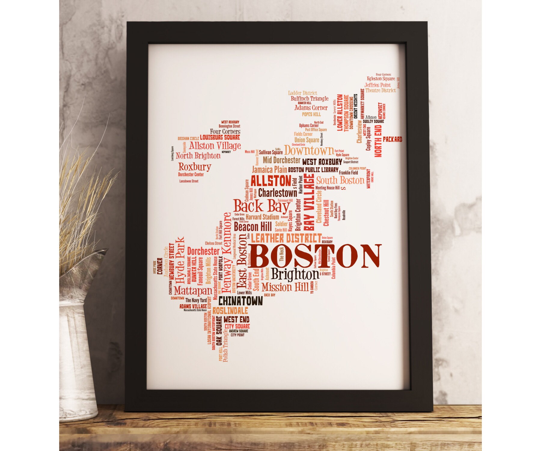 Framed Boston Neighborhood Art Print, Boston Map Art, Boston Art Print ...