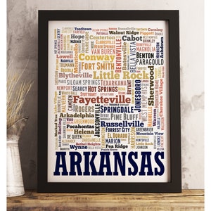 Arkansas art print FRAMED, Arkansas word cloud, Arkansas map art, Arkansas wall art, Arkansas decor, available in several colors and sizes
