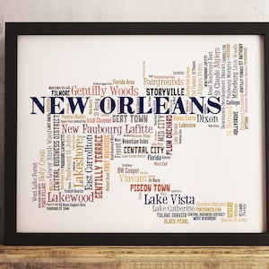 New Orleans neighborhood art print FRAMED, New Orleans map art, New Orleans word cloud art, available in several colors and sizes