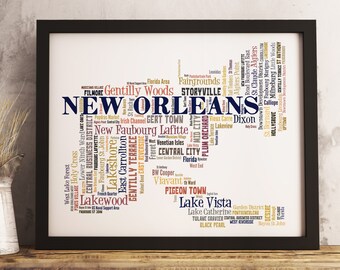 New Orleans neighborhood art print FRAMED, New Orleans map art, New Orleans word cloud art, available in several colors and sizes