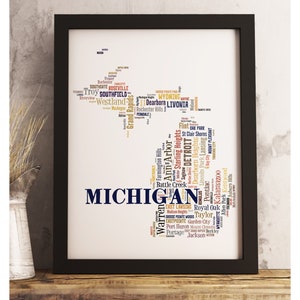 Michigan State Map Print FRAMED, Michigan Map Art, Michigan Art Print, Michigan word cloud art, available in several colors and sizes