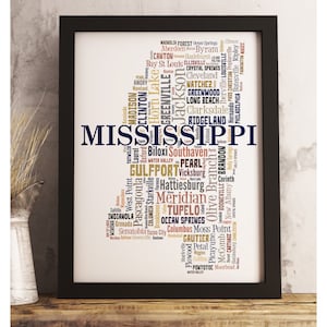 Mississippi State Map Print FRAMED, Mississippi Map Art, Mississippi word cloud art, available in several colors and sizes